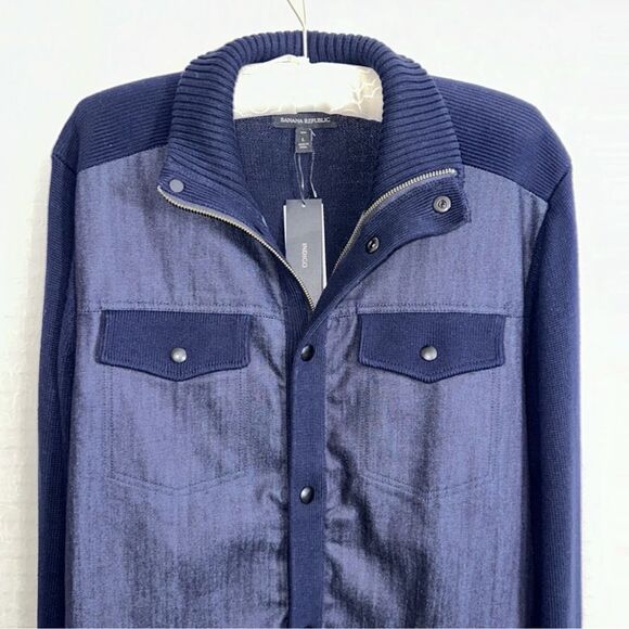 BR LT Indigo Denim Front Knit Full Zip Snap Front Mock Neck Cardigan - Picture 8 of 14
